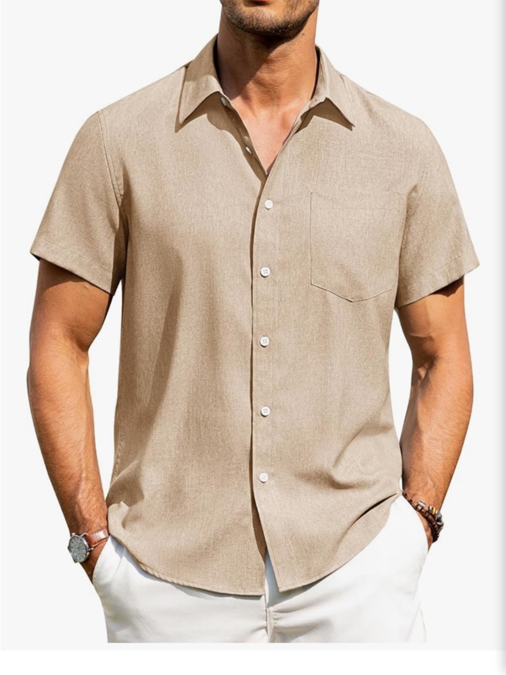 NEW Men’s Linen Blend Button Down Shirt L Light Khaki / beige
